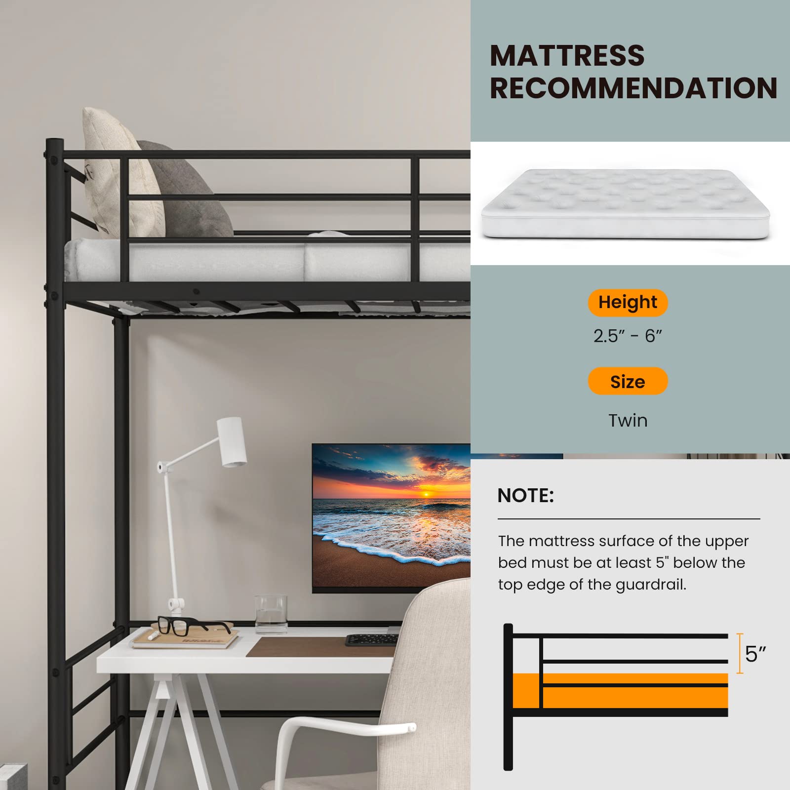 Metal Loft Bed Twin Size - Dreamade