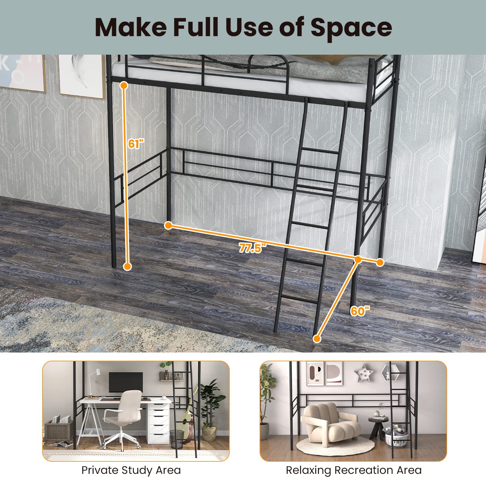 Metal Loft Bed Twin Size - Dreamade
